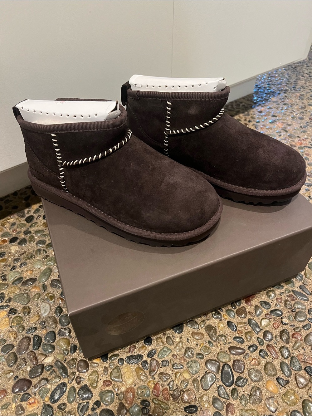 UGG X MADHAPPY Women's Short Suede Boot in Dark Brown with White Trim